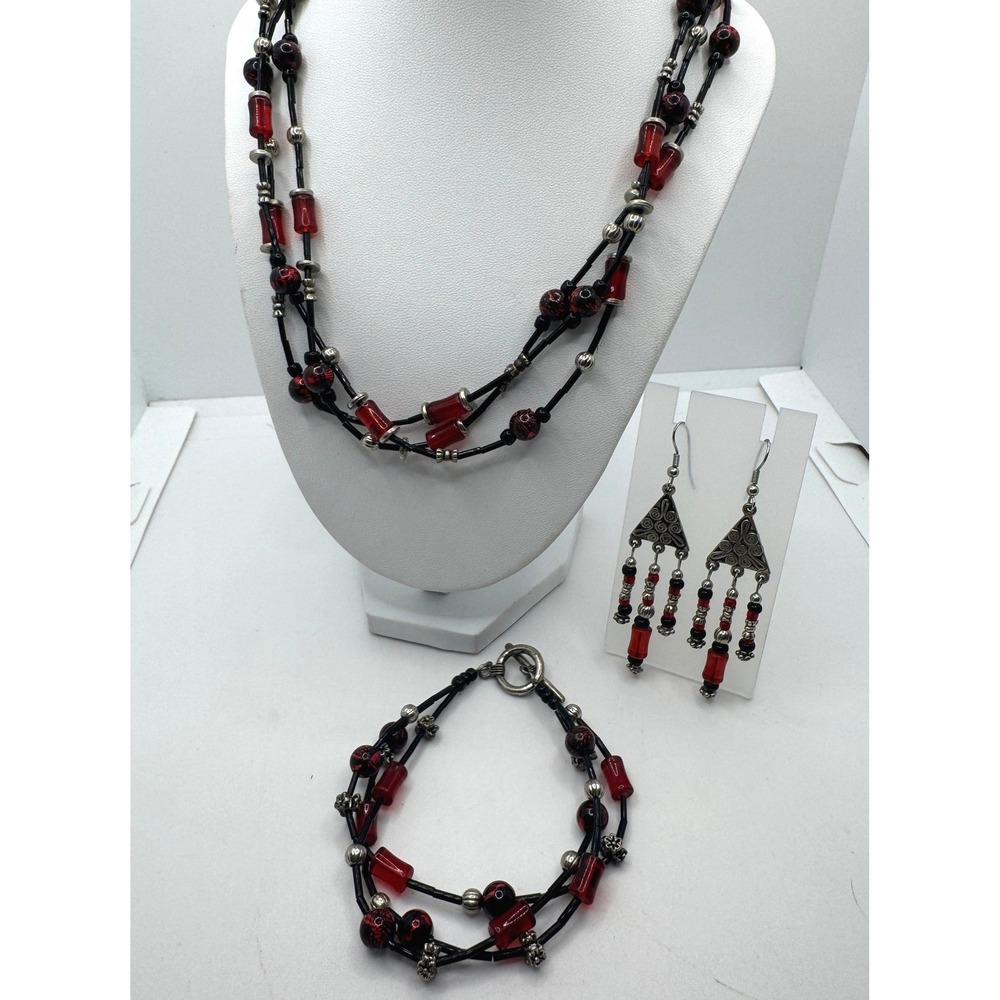 Red Black Beaded Jewelry Set Necklace Bracelet Earrings Boho Goth Whimsygoth 90s